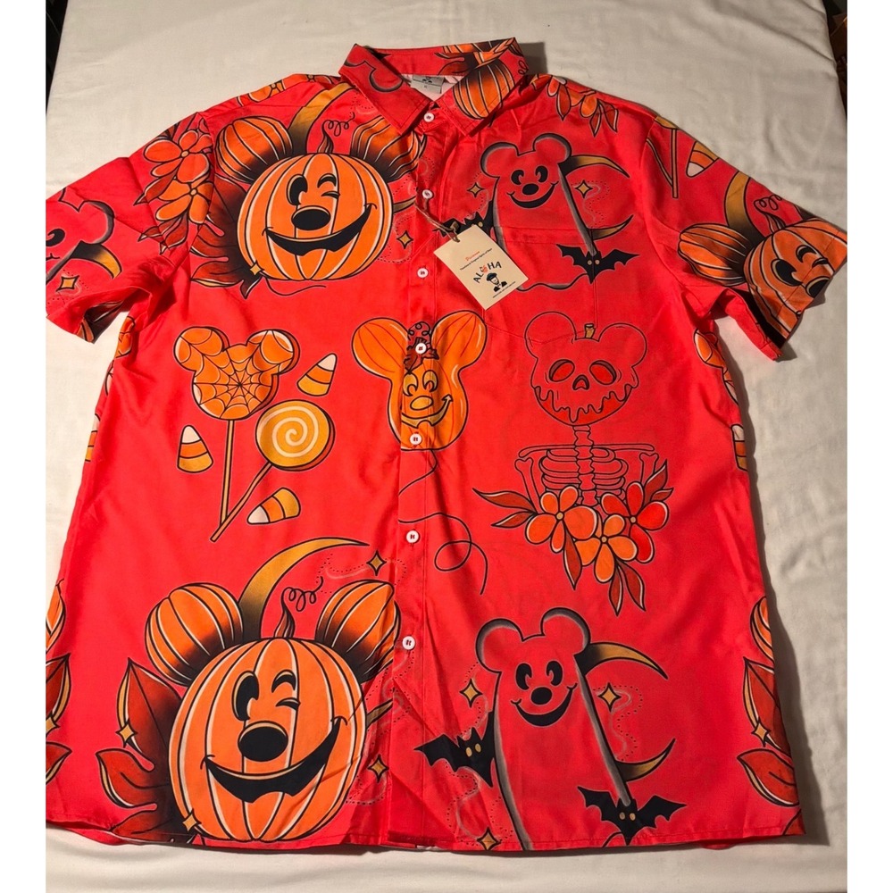 Aloha Halloween Mickey Mouse Pumpkin Ghost Button Down Shirt Mens XL Red New